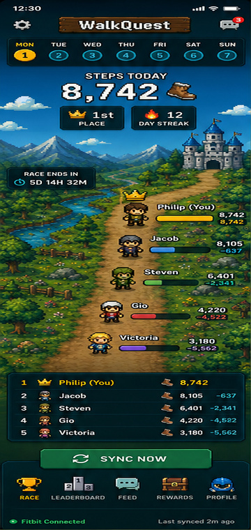 WalkQuest race dashboard